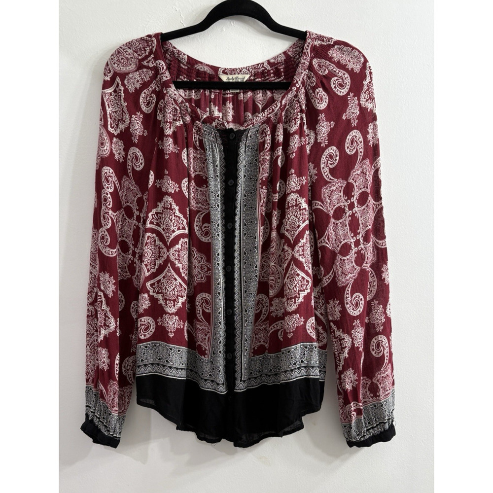Lucky Brand Women‎ Small Burgundy Black Boho Paisley Print Chiffon Top Long Slv